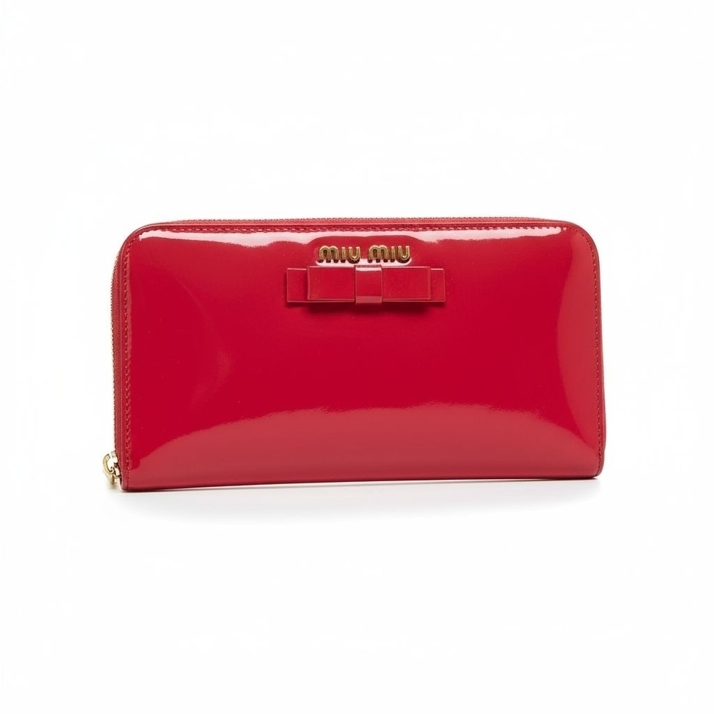 Miu Miu Patent Leather Continental Wallet with Bow Accent In Peony Pink And Gold